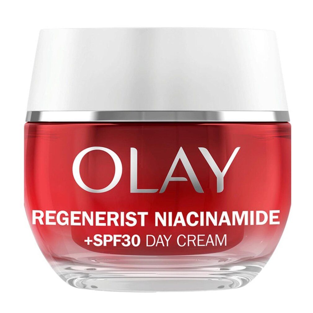Roter Tiegel mit weißem Deckel. Olay Regenerist Niacinamide +SPF30 Day Cream. Produktname und SPF-Wert deutlich sichtbar.