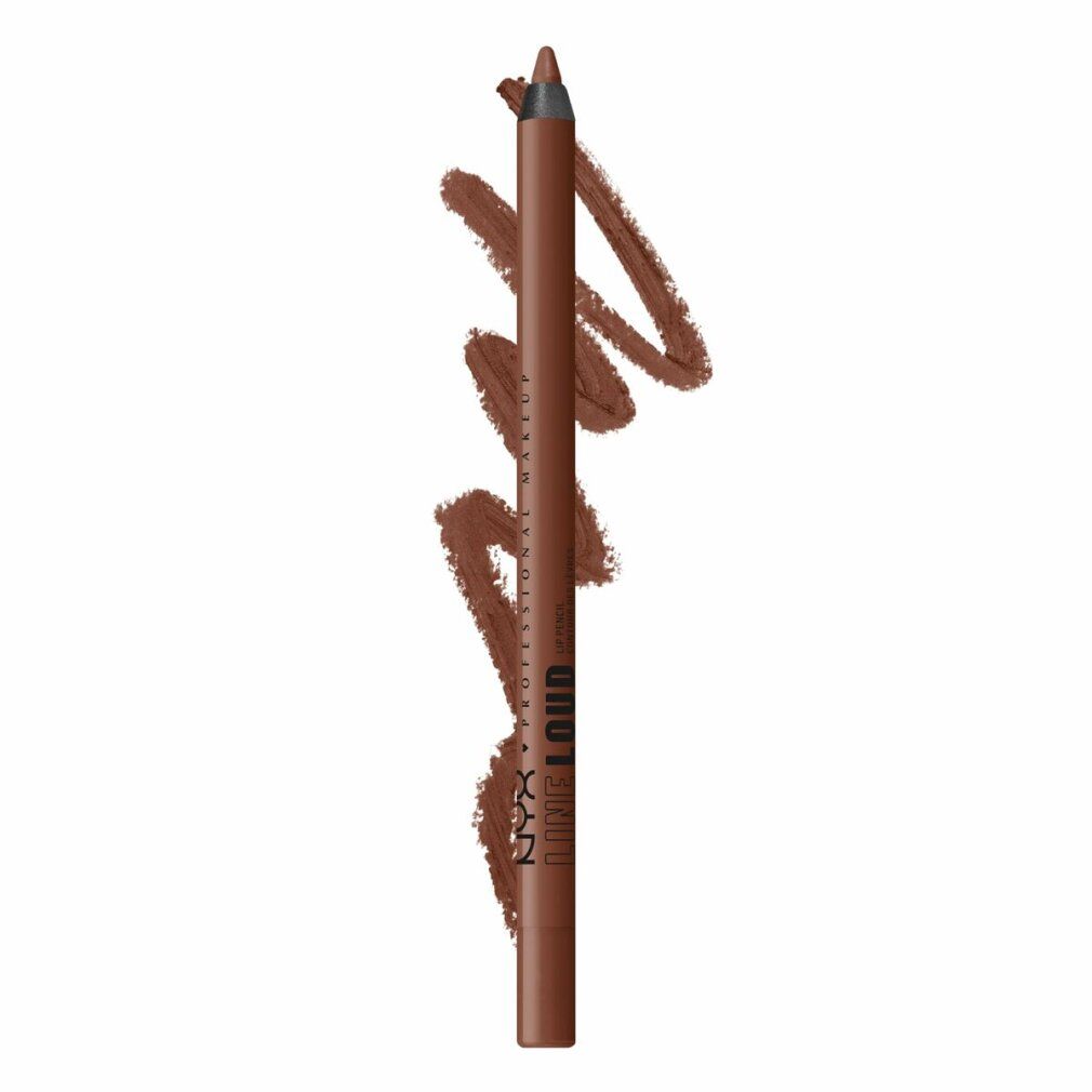 Brauner Lipliner-Stift mit Schriftzug. Stiftspitze und Farbabstrich daneben. Aufschrift: NYX Professional Makeup LOUD.