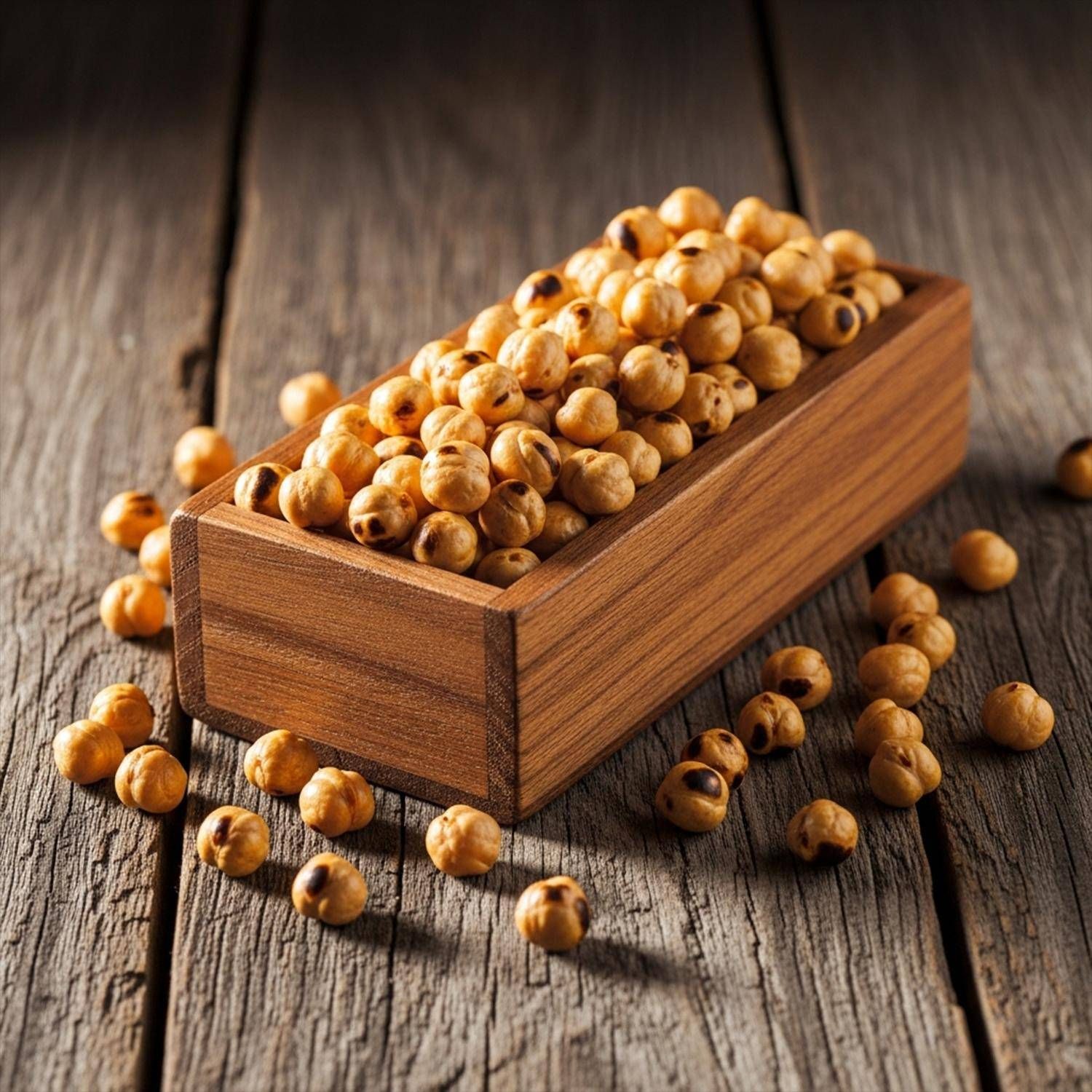 Geröstete Kichererbsen in einer rechteckigen Holzschale auf Holzdielen.