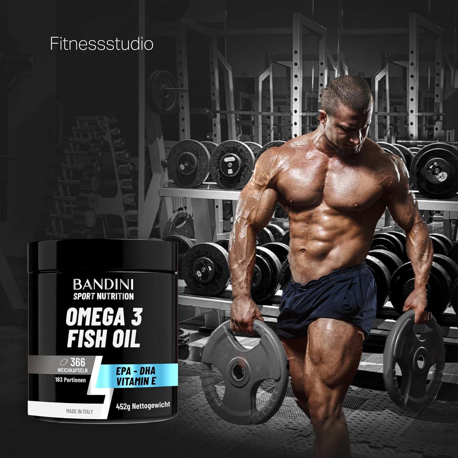 Bandini Sport Nutrition Omega 3 Fish Oil Dose mit 366 Weichkapseln, 452g.