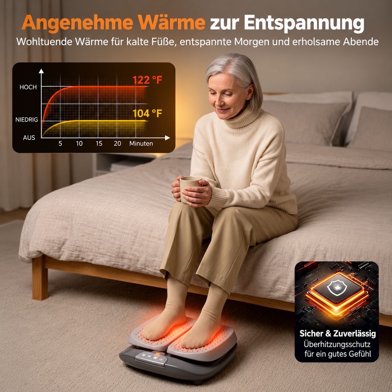 Fußmassagegerät mit Wärmefunktion, zeigt Temperaturkurven für niedrige und hohe Stufen.