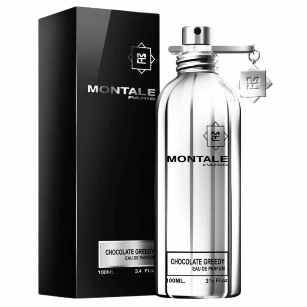 Silberne Parfumflasche Chocolate Greedy neben schwarzer Schachtel. Aufschrift Montale Paris.