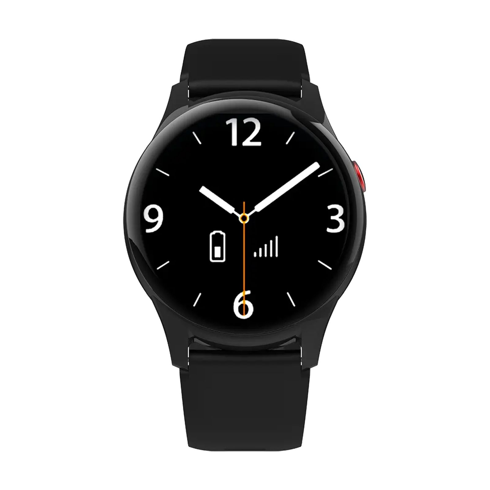 Schwarze Smartwatch mit rundem Zifferblatt, schwarzem Armband und rotem Knopf an der Seite. Zeigt Uhrzeit, Datum und Akkustand.