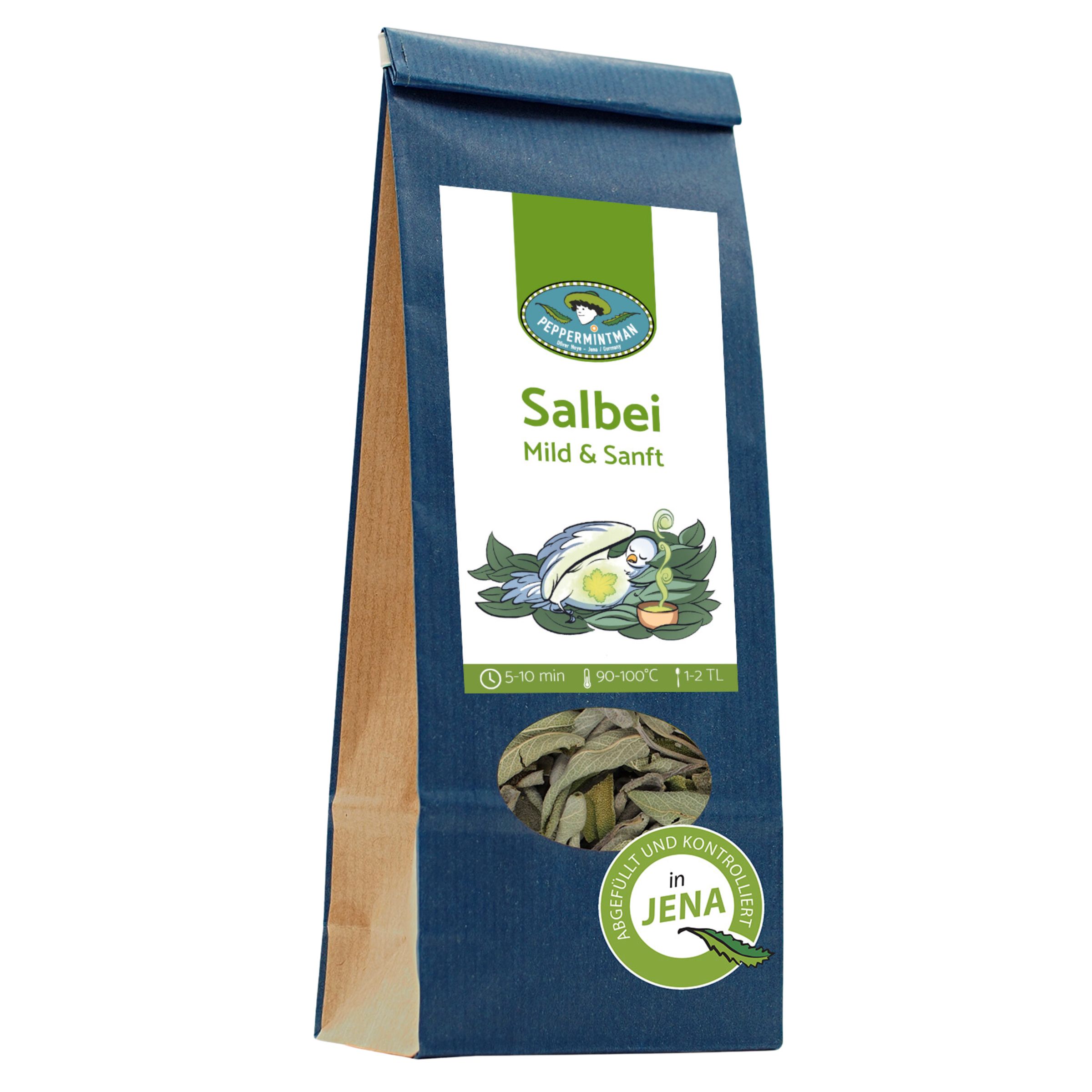 Verpackung mit Salbei-Tee. Blaue Papiertüte mit Sichtfenster. Aufschrift: Salbei Mild & Sanft. Logo: P. N.