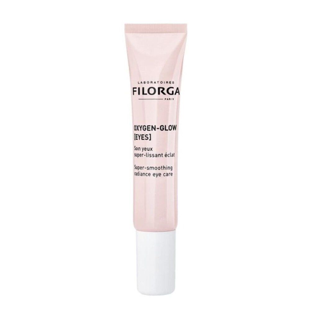 Rosa Tube mit weißem Deckel. Aufschrift: FILORGA, OXYGEN-GLOW [EYES], Super-smoothing radiance eye care.