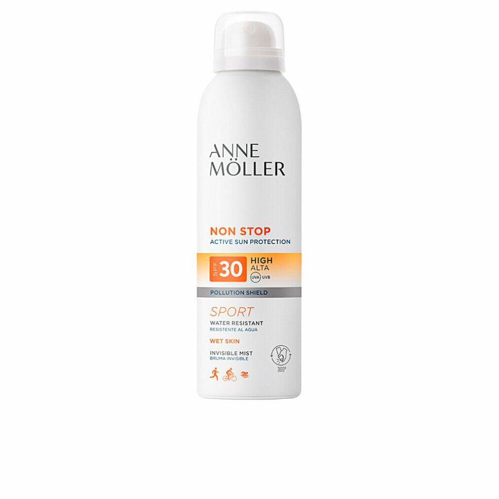 Weiße Sprühflasche mit Anne Möller-Logo. Text: Non Stop, SPF 30, Sport, Water Resistant, Invisible Mist. Mit Sport-Symbolen.