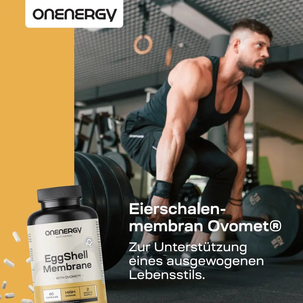 Mann hebt schweres Gewicht, daneben Flasche EggShell Membrane Ovomet® für einen ausgewogenen Lebensstil.