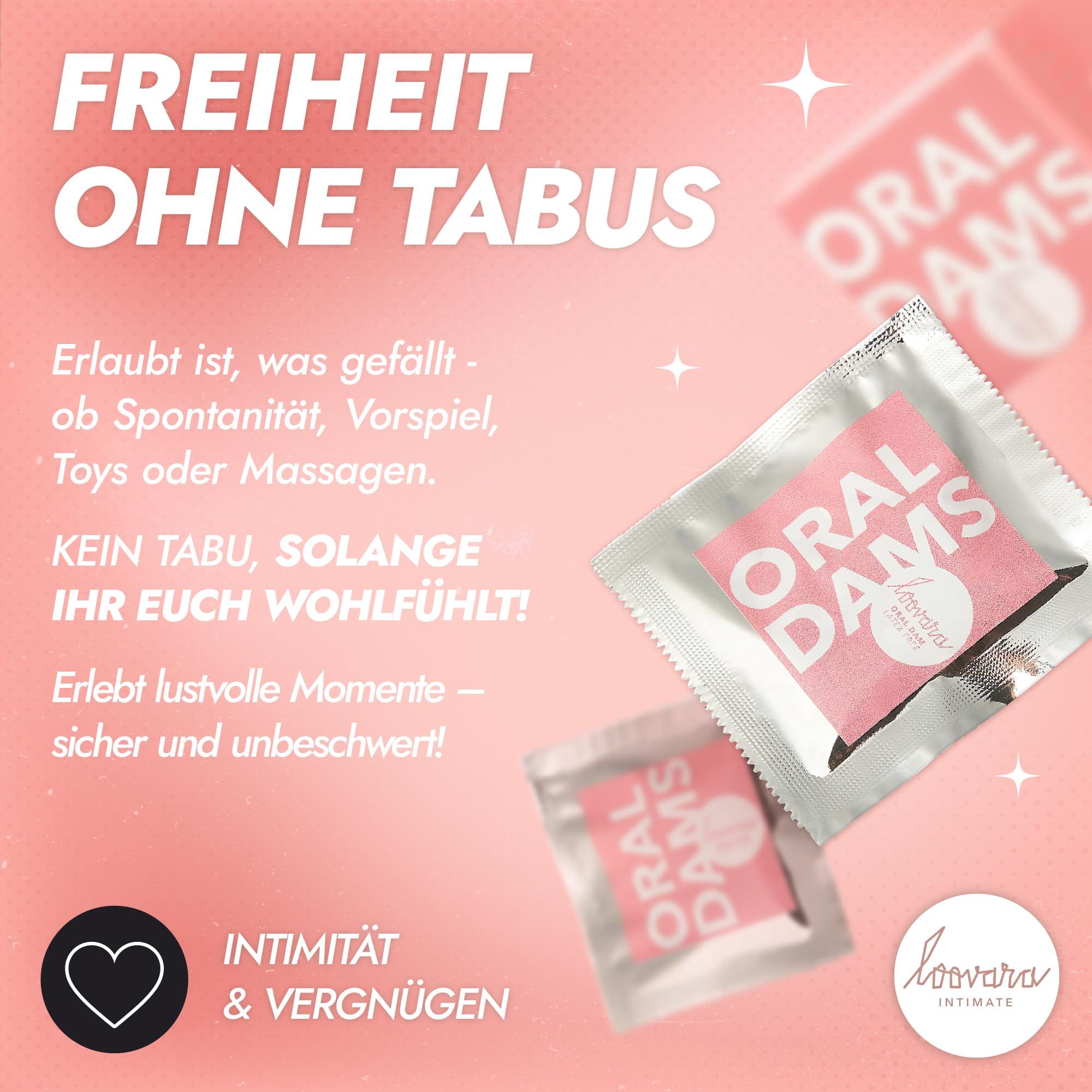 Mehrere einzeln verpackte Loovara Oral Dams, latexfrei, auf rosa Hintergrund.