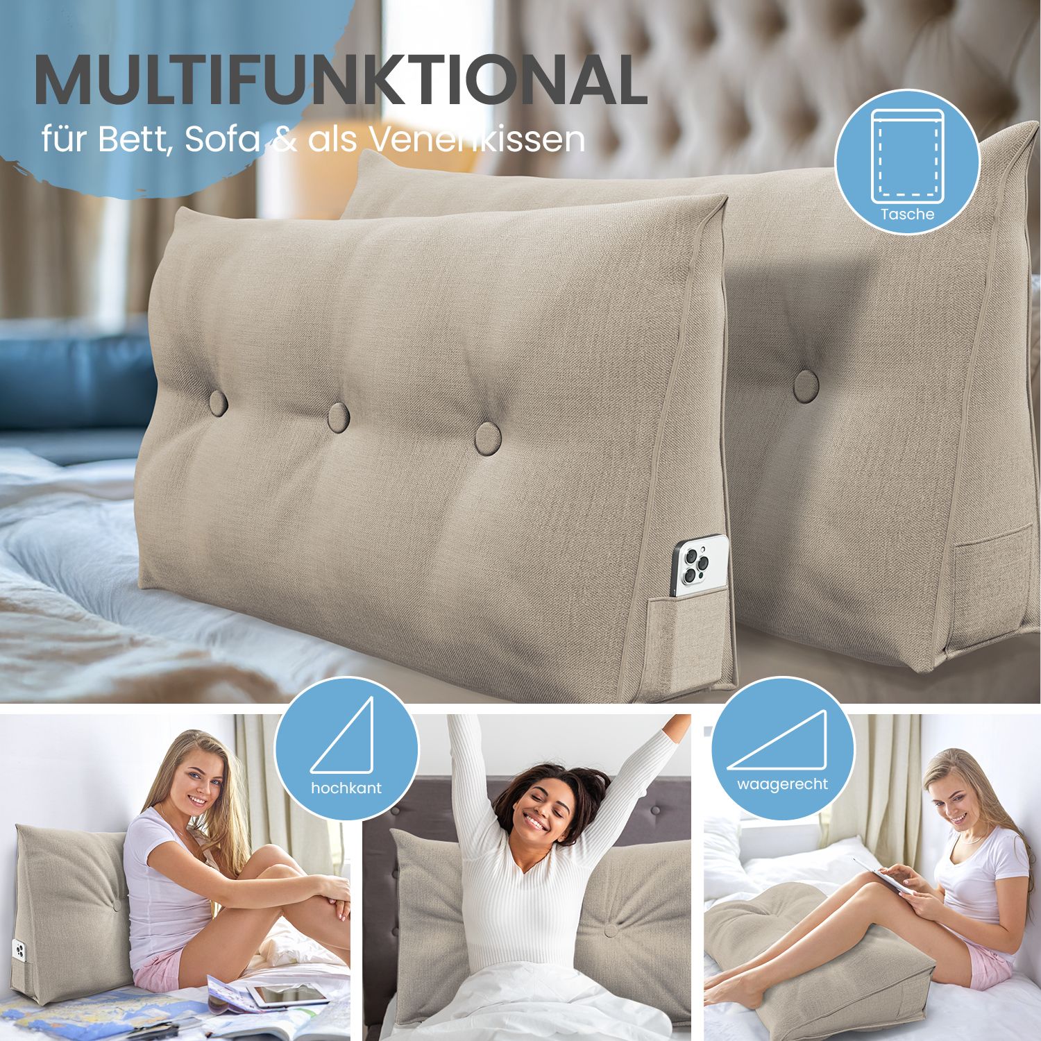 Beiges Stützkissen mit Knöpfen. Mehrere Anwendungsszenarien. Text: Multifunktional für Bett, Sofa & als Venenkissen.