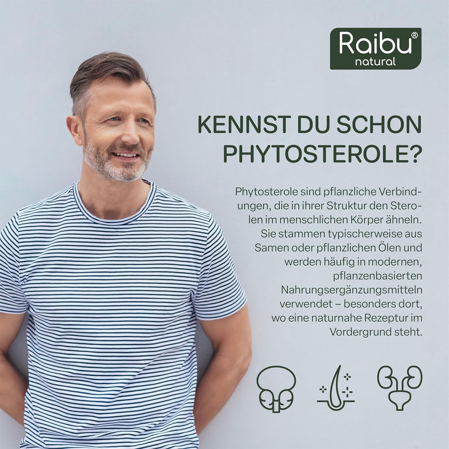 Mann mit Text: Kennst du schon Phytosterole? Text über pflanzliche Verbindungen.