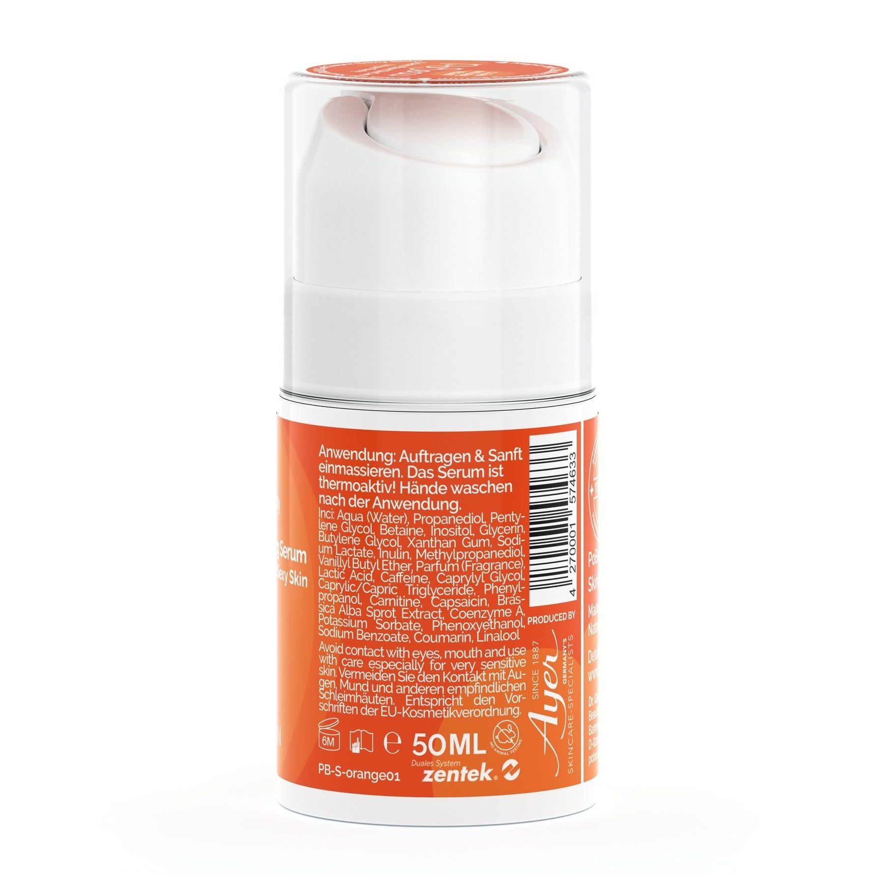 Rückansicht einer zylindrischen Flasche mit orangefarbenem Etikett. Text: 50ml. Weißer Pumpkopf.