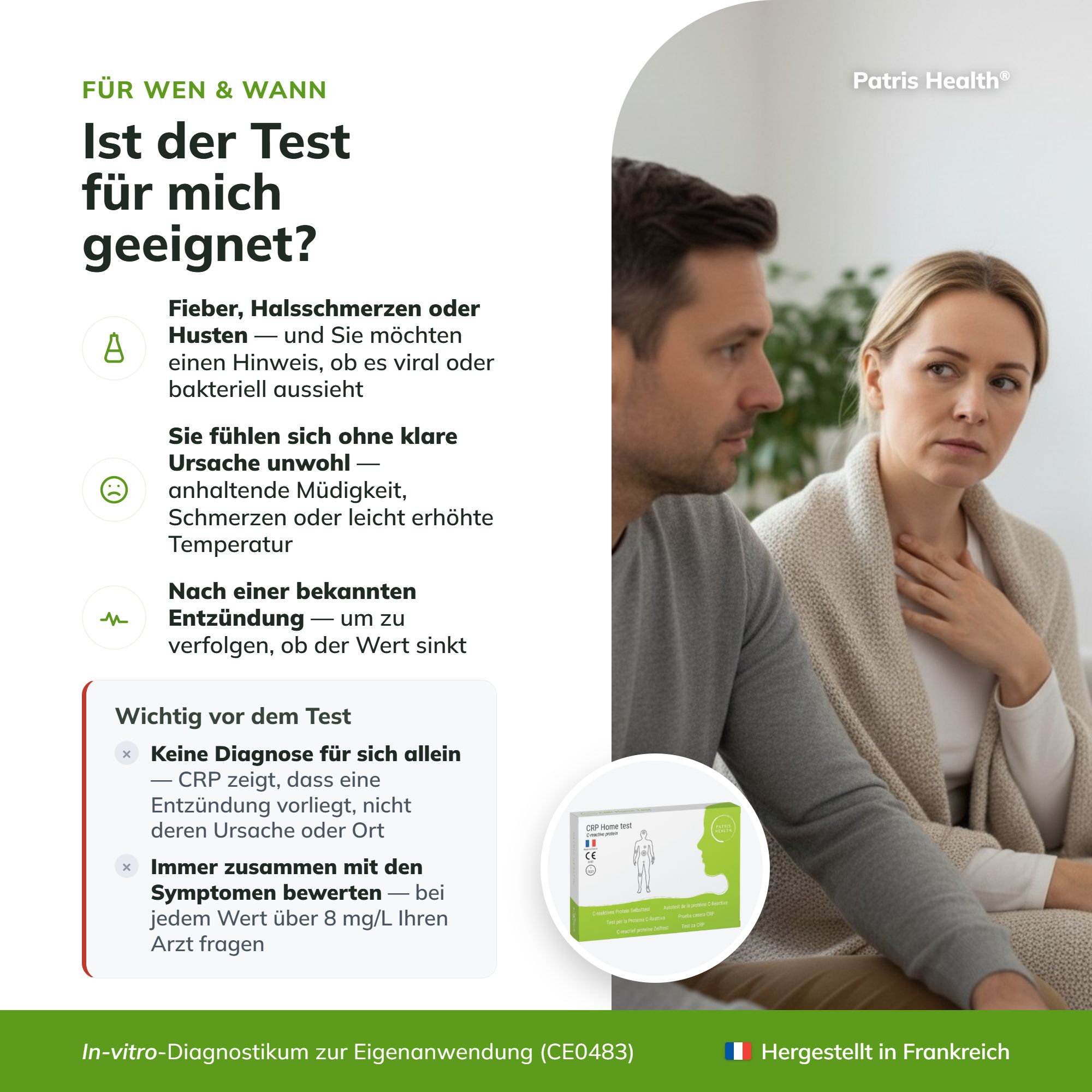 Für wen & wann? CRP Test bei Fieber, Halsschmerzen, unklarem Krankheitsgefühl, nach Entzündung. Wichtig: Arzt konsultieren.