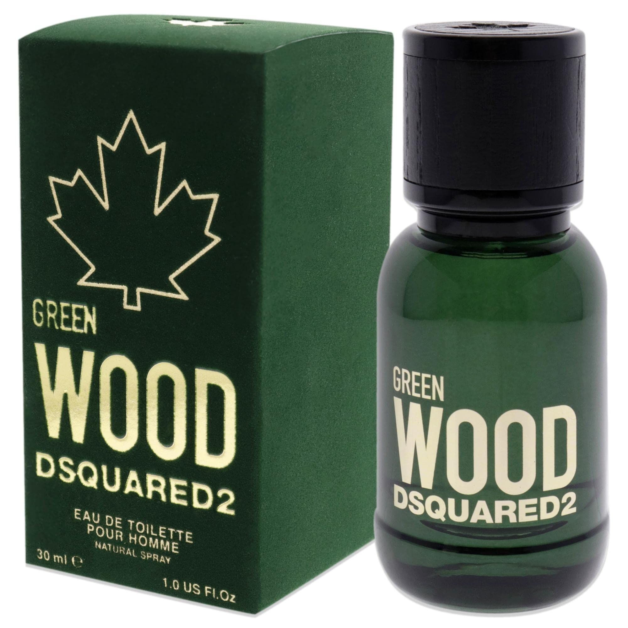 Grünes Parfümflakon und Schachtel. Aufschrift: GREEN WOOD DSQUARED2. 30 ml, 1.0 US FL.OZ.