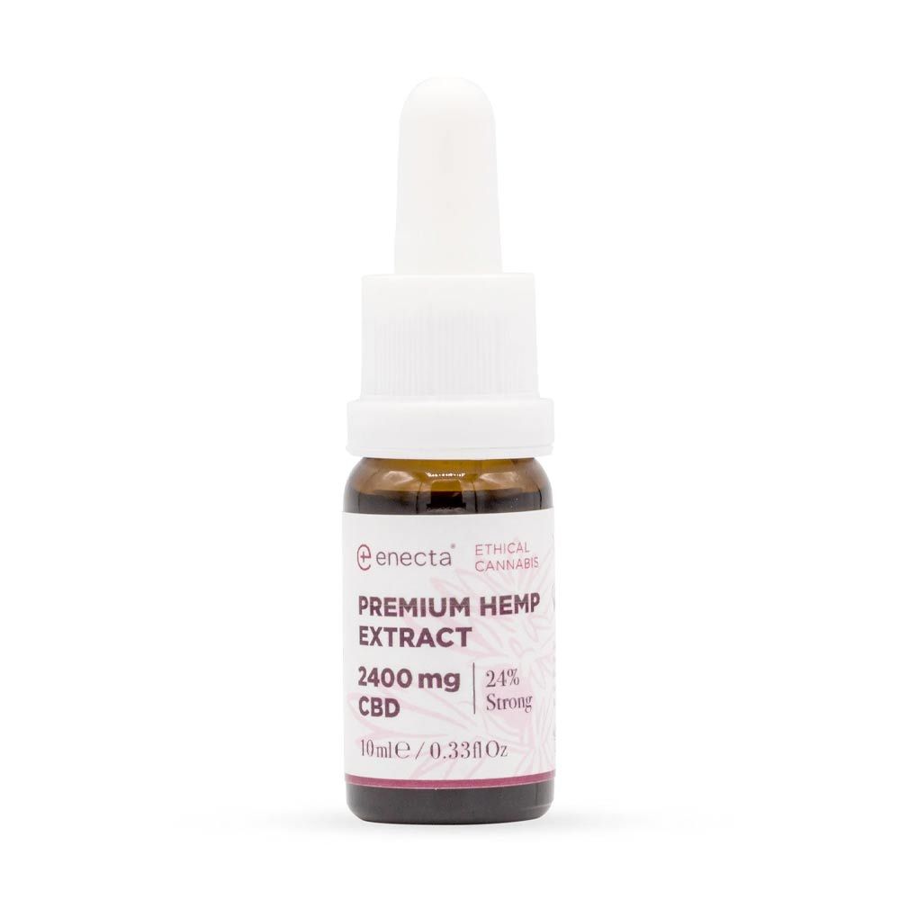 Braunglasflasche mit weißer Pipette. Produktetikett: Enecta, Premium Hanf Extrakt, 2400mg CBD, 24% Strong, 10ml/0.33fl Oz.