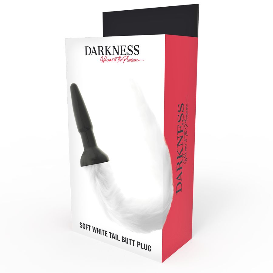 Verpackung mit Produktabbildung. Schwarzer Plug mit weißem Fellschwanz. Text: DARKNESS, SOFT WHITE TAIL BUTT PLUG.