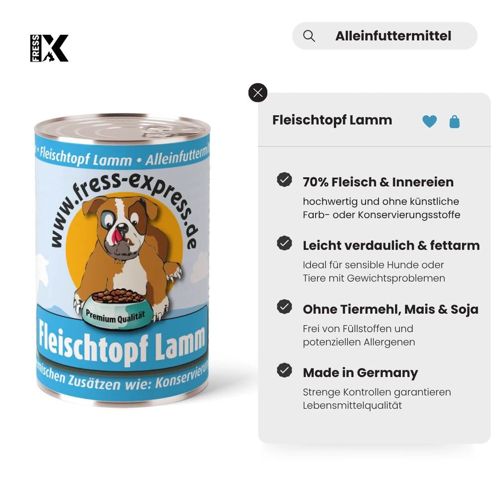 Hundefutter-Dose. Blau-weißes Etikett mit Hund, Napf, Text: Fleischtopf Lamm, fress-express.de. Infokarte: 70% Fleisch, leicht verdaulich, Made in Germany.