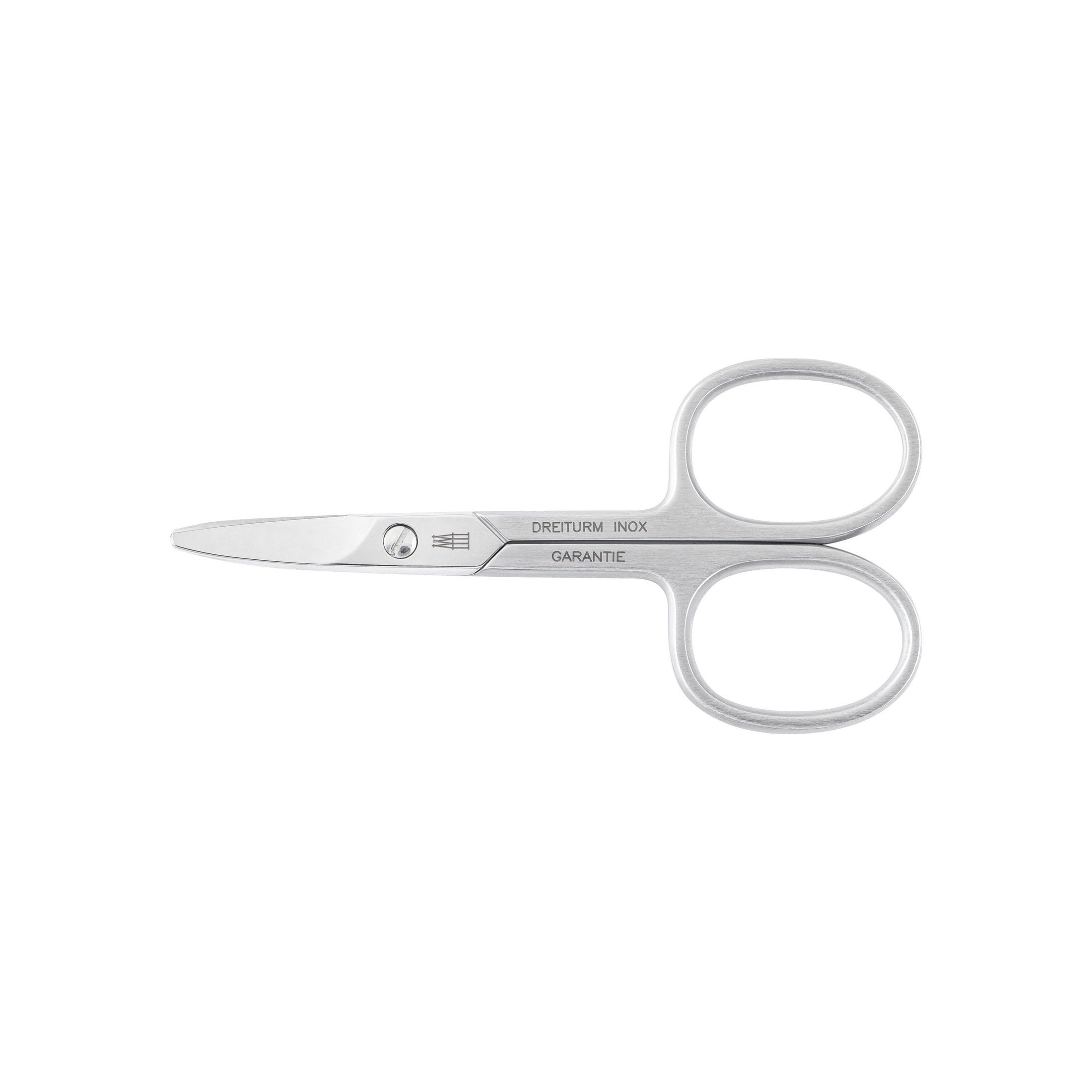 Nagelschere aus Edelstahl. Abgerundete Spitze. Aufschrift: DREITURM INOX GARANTIE.
