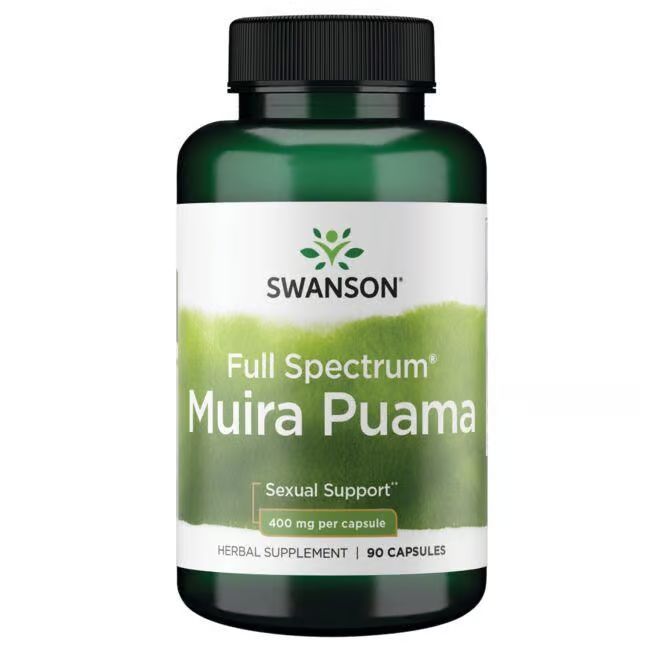 Grüne Flasche mit weißem Etikett. Aufschrift: SWANSON, Muira Puama, 400 mg pro Kapsel, 90 Kapseln. Schwarzer Deckel.