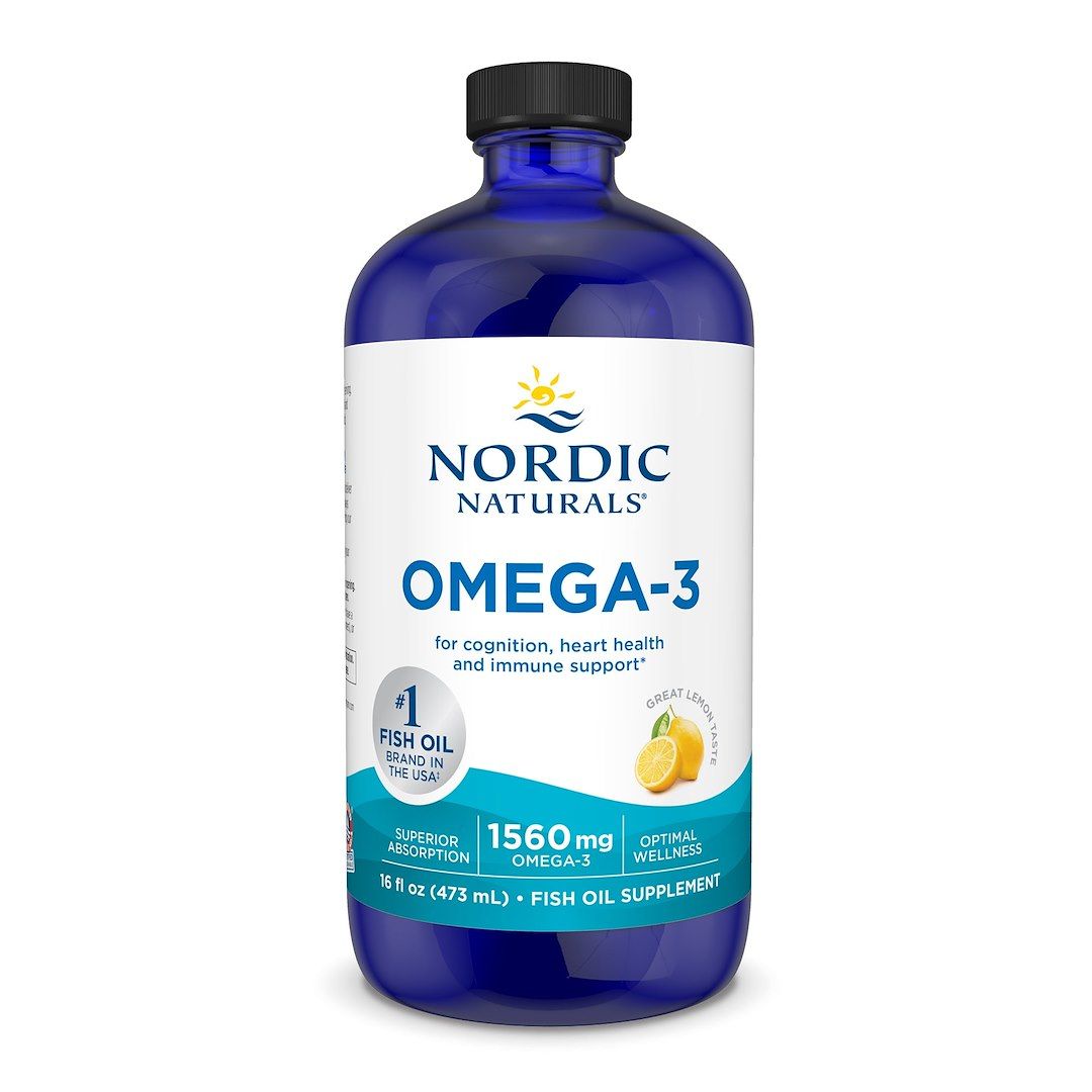 Nordic Naturals Omega-3 Fischöl in Zitrone, 1560 mg. Blaue Flasche mit Sonnensymbol und Zitronenabbildung.