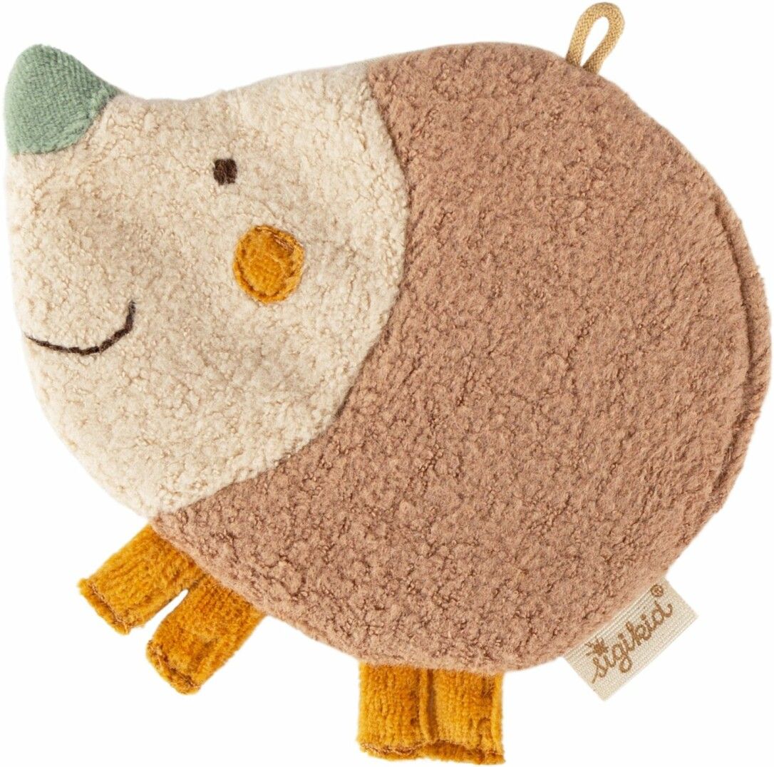 Igel-Knistertuch, beige, braun, grün und gelb. Gesicht mit Augen und Mund. Gelbe Beine. Label mit SIGIKID.