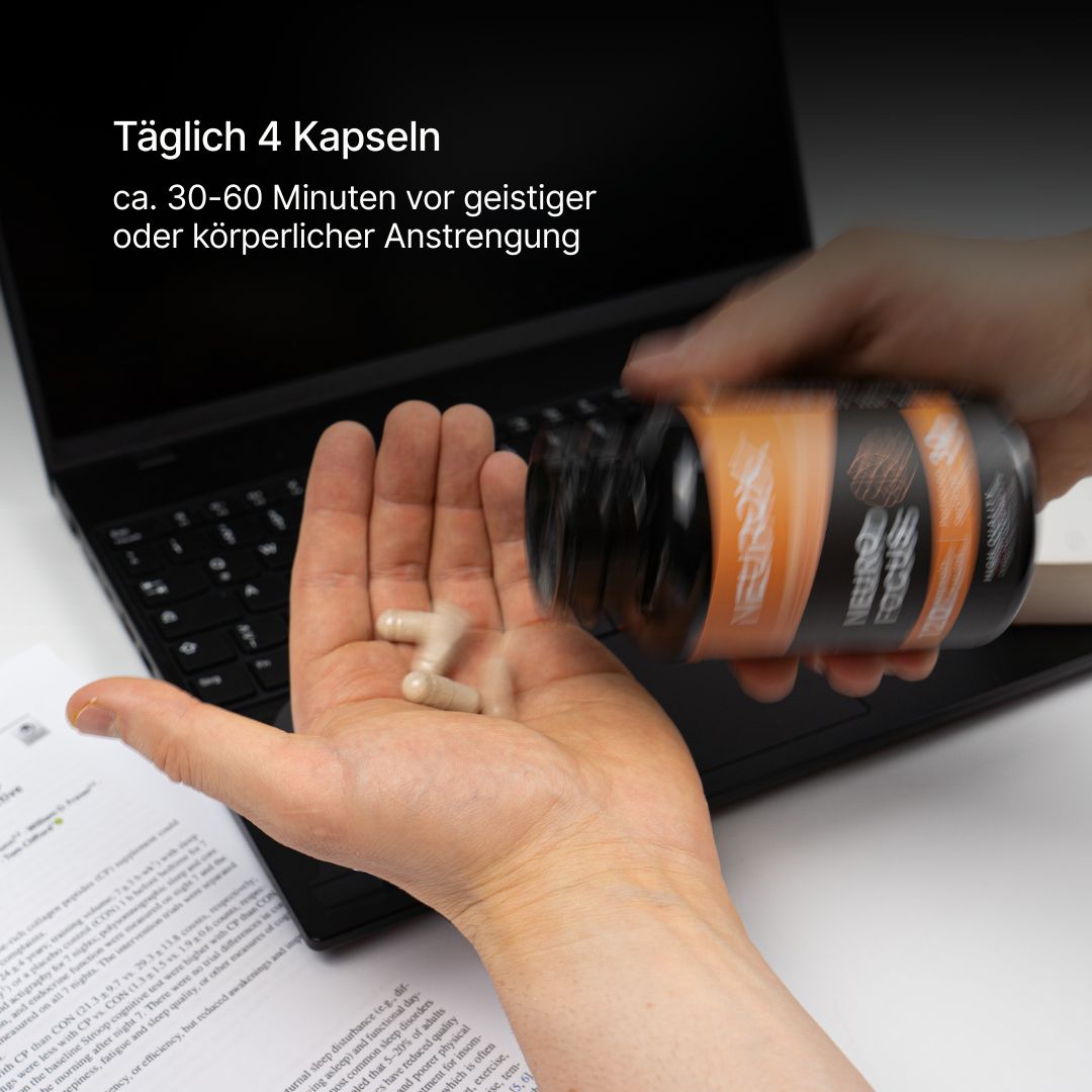 Person hält Flasche Neurox NeuroFocus und Kapseln in der Hand. Text: Täglich 4 Kapseln, ca. 30-60 Minuten vor geistiger oder körperlicher Anstrengung.