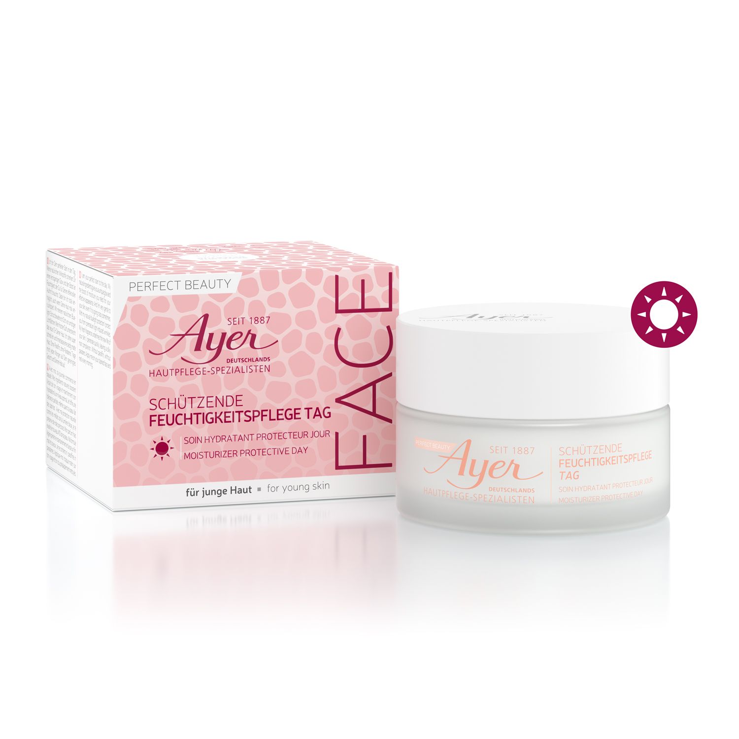 Creme-Tiegel und Verpackung. Aufschrift: Ayer, Schützende Feuchtigkeitspflege Tag. Rosa-weißes Design.