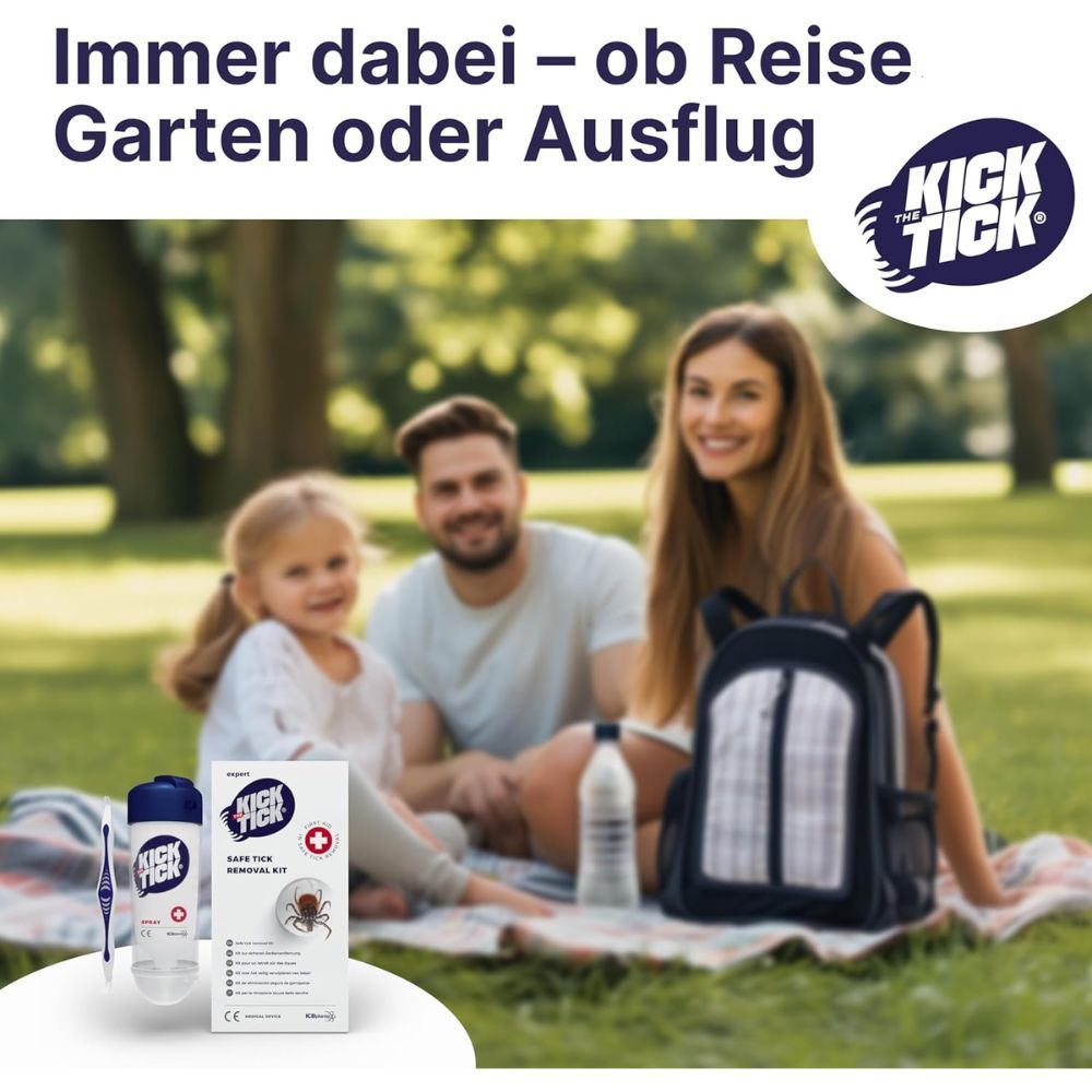 Familie im Park mit Produkt. Zeckenentferner-Set mit Spray und Zange. Logo Kick the Tick. Text: Immer dabei – ob Reise Garten oder Ausflug.