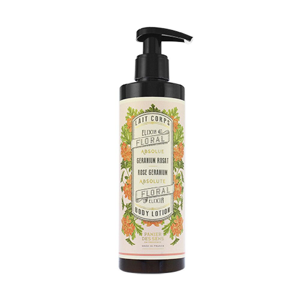 Körperlotion mit Spender. Etikett mit floralem Design und Text: "Rose Geranium".