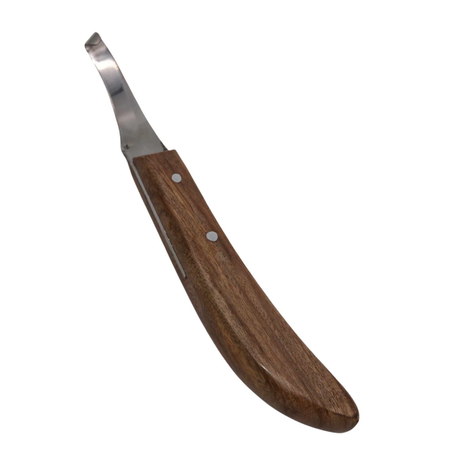 Hufmesser mit Holzgriff. Klinge aus Metall, Griff aus Holz. Gebogene Form.