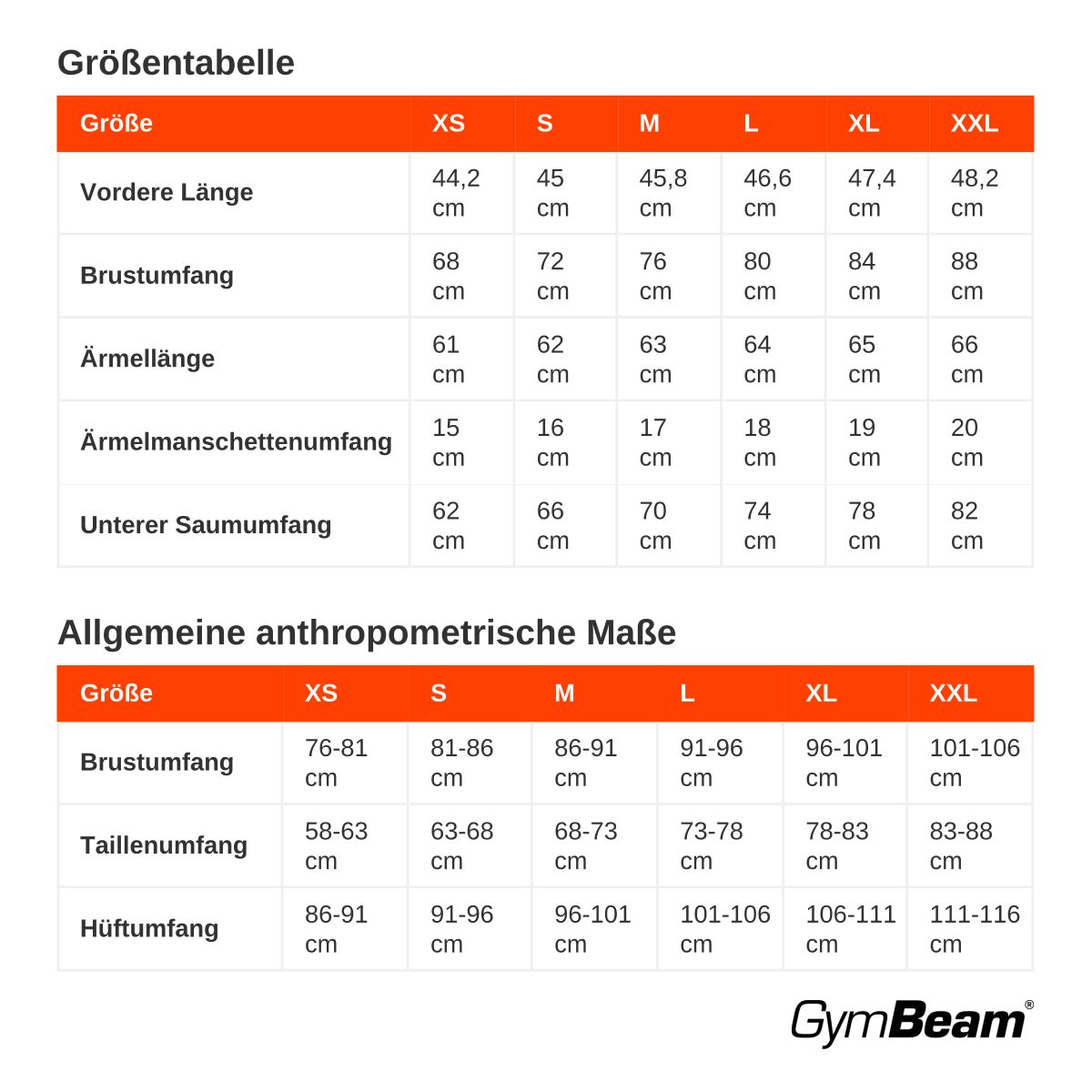 Größentabelle für ein rotes Sportoberteil mit langen Ärmeln.