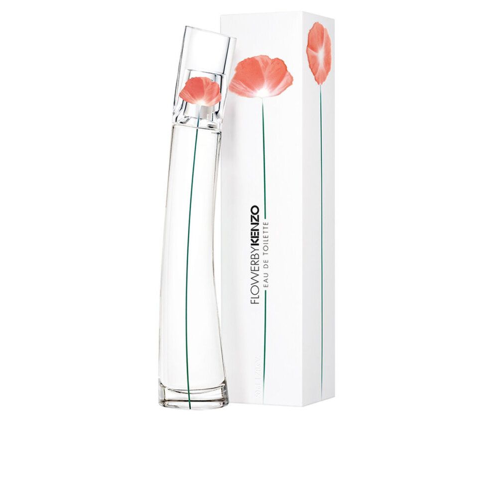 Glasflakon und Verpackung. Flakon mit roter Blume, grüne Linie. Verpackung mit Blume und Schriftzug.