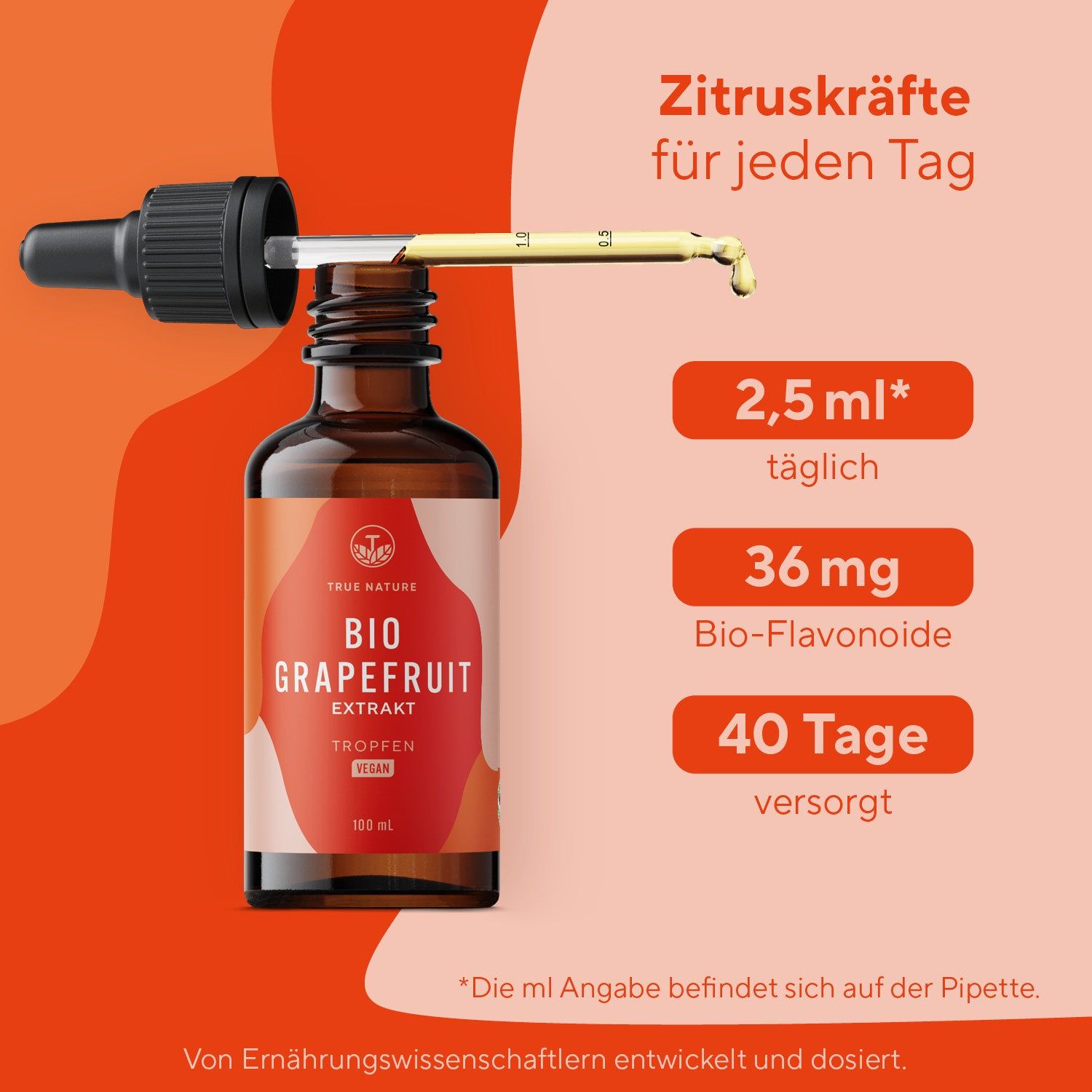 Braune Glasflasche mit Tropfer. Etikett mit "BIO GRAPEFRUIT EXTRAKT". Text: 2,5 ml täglich, 36 mg Bio-Flavonoide, 40 Tage versorgt.