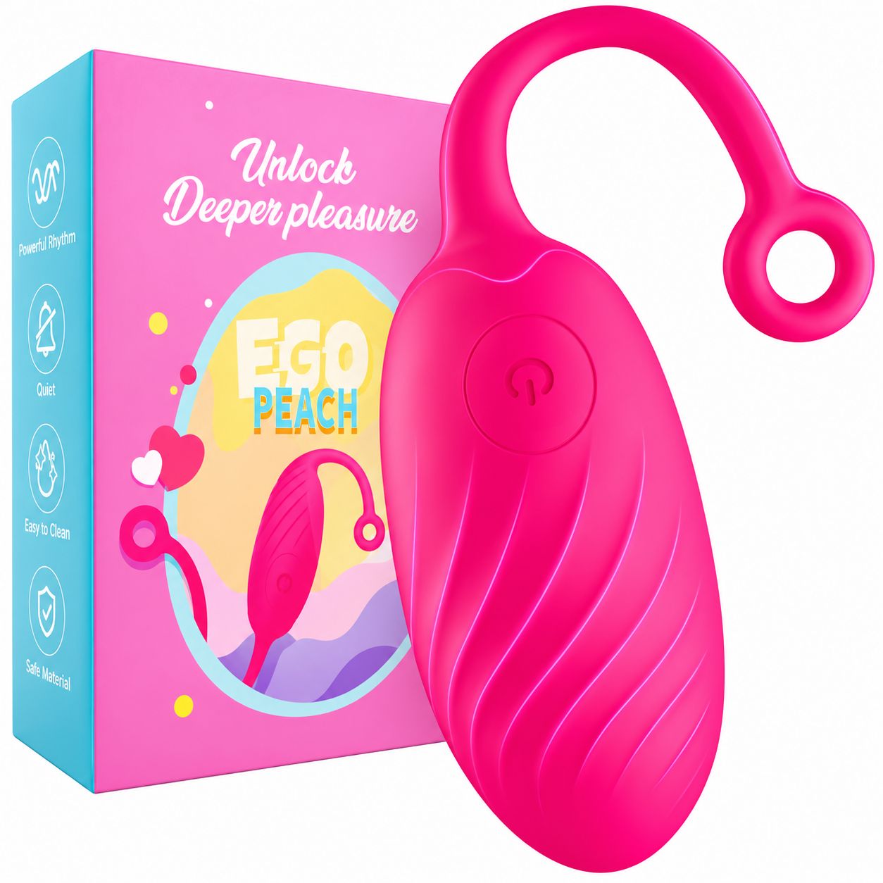 Pinker Vibrator mit Schlaufe und Verpackung, "EGO PEACH" Aufdruck.