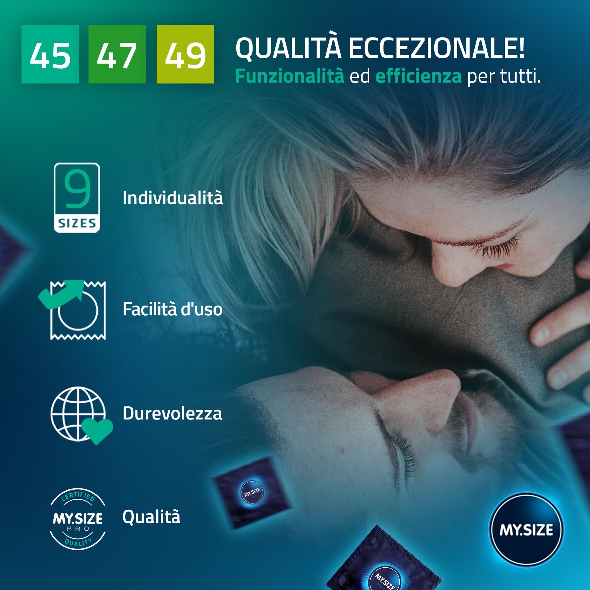 Paar umarmt sich, mit Icons für Individualität, einfache Handhabung, Langlebigkeit und Qualität.