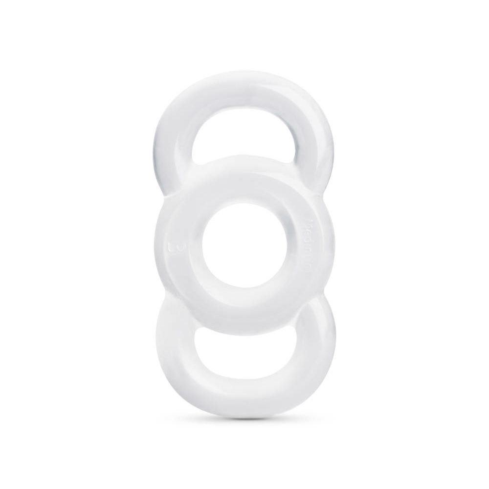 Weißes Produkt mit drei verbundenen Ringen. Mittlerer Ring größer als die oberen und unteren Ringe.