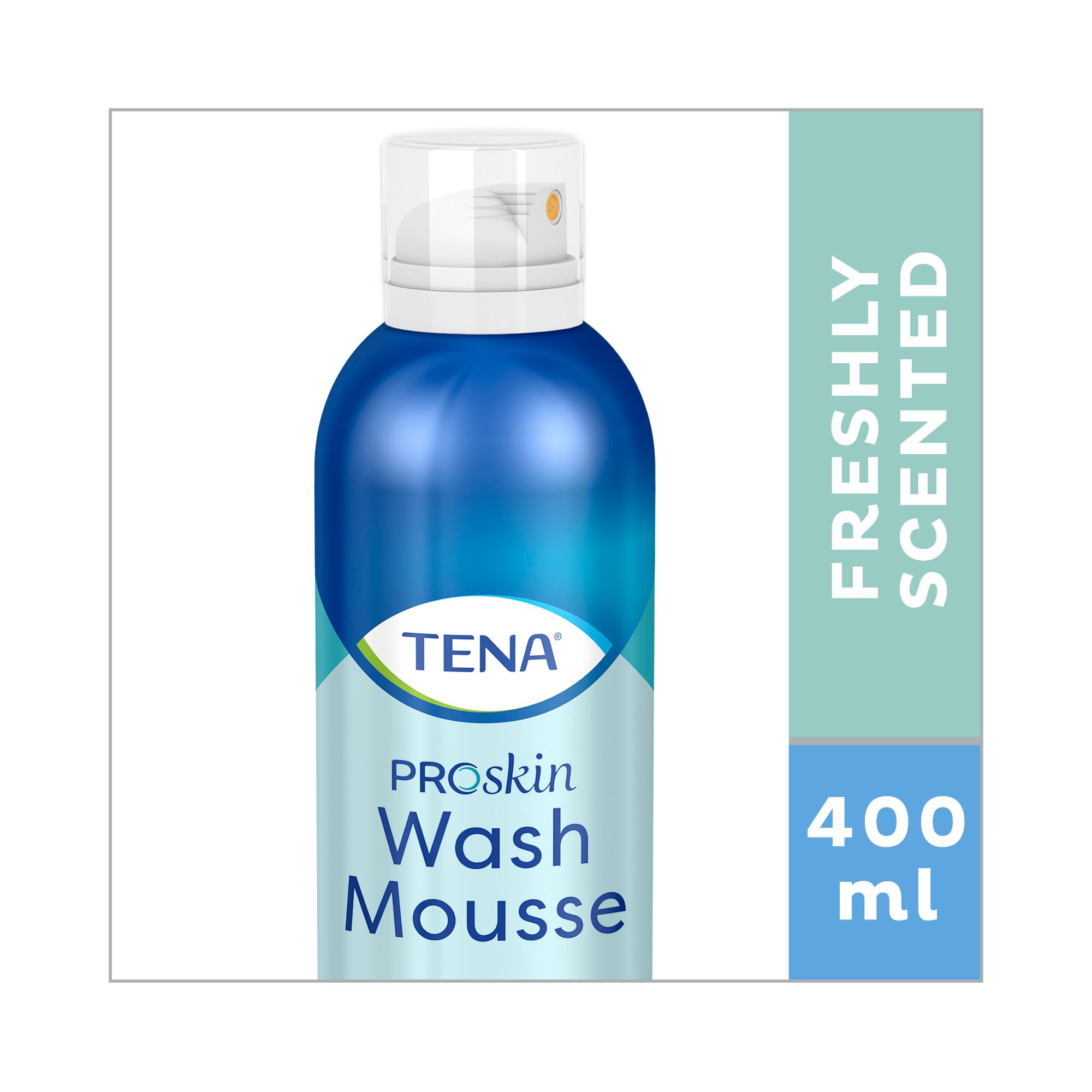 Blau-weiße Flasche mit TENA ProSkin Wash Mousse. Aufschrift: 400 ml, Freshly Scented.