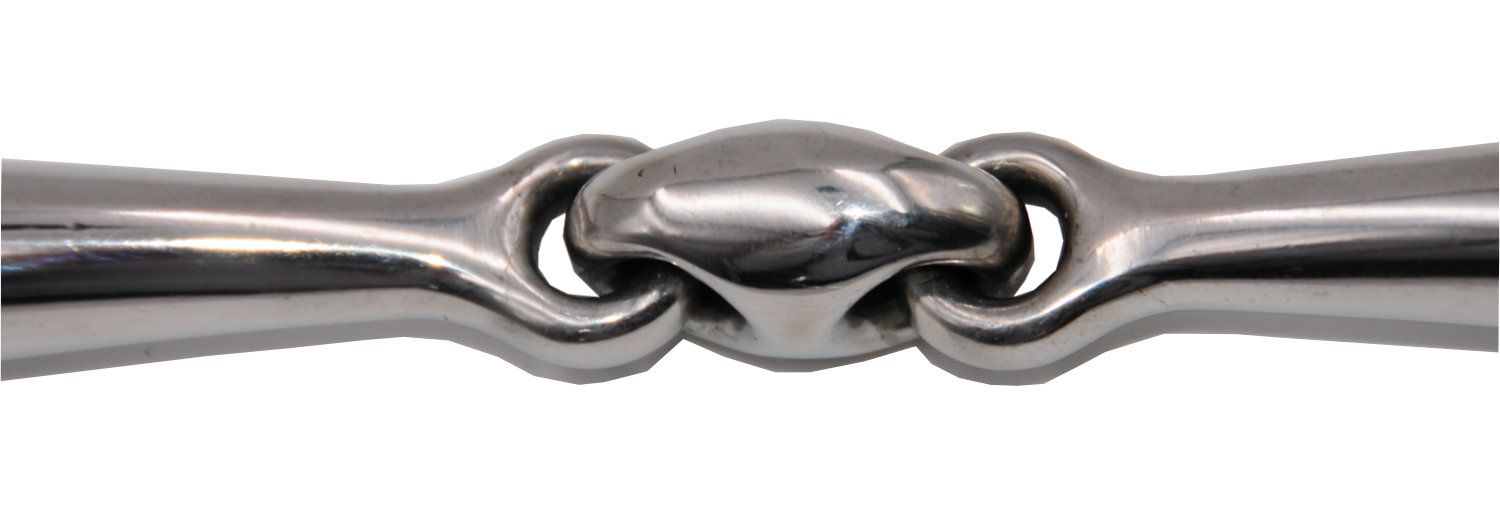 Gebiss mit elliptischem Mittelstück und Gelenken. Metall, Nahaufnahme, weißer Hintergrund.