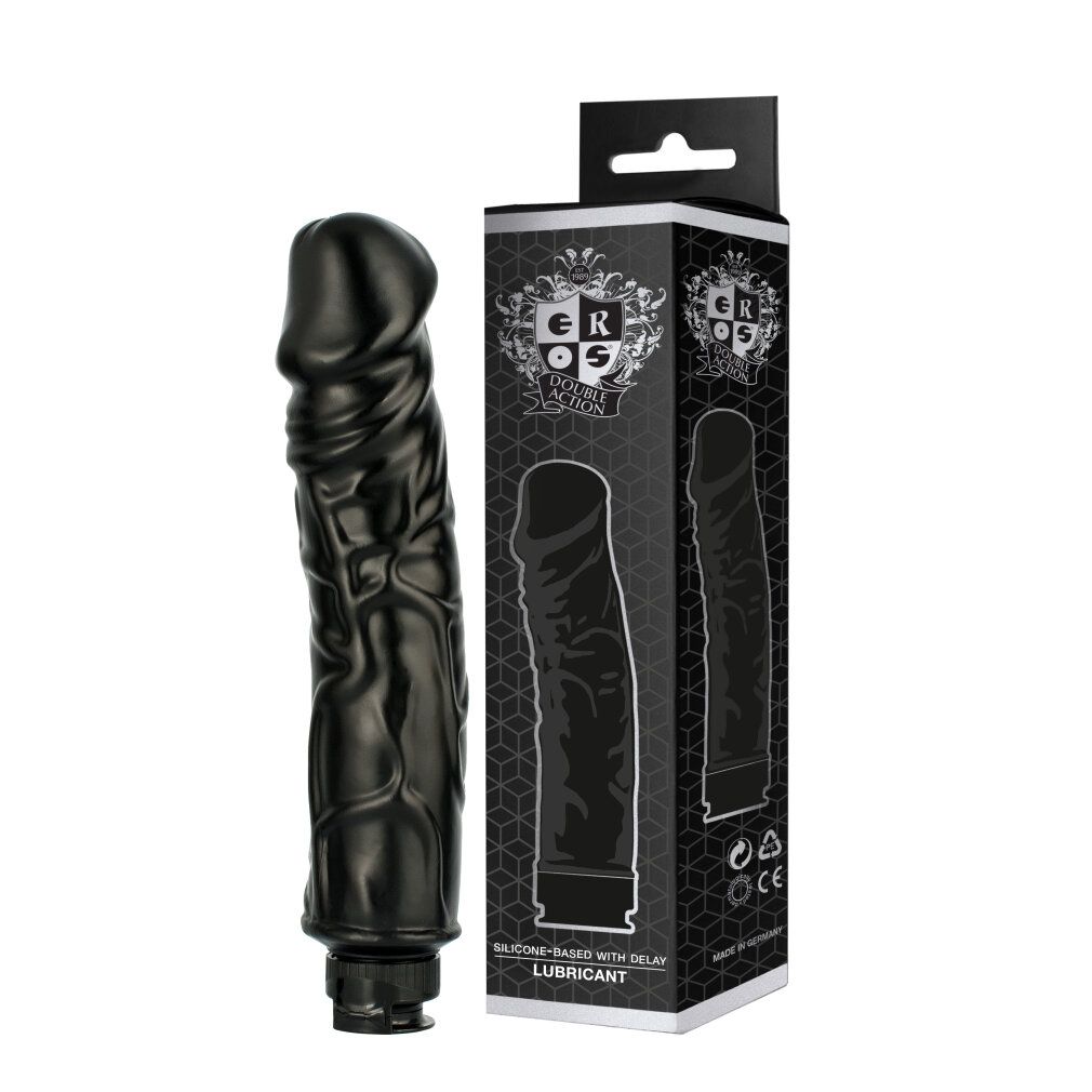 Schwarzes, texturiertes Produkt neben Verpackung. Verpackung: EROS, SILICONE-BASED WITH DELAY LUBRICANT.