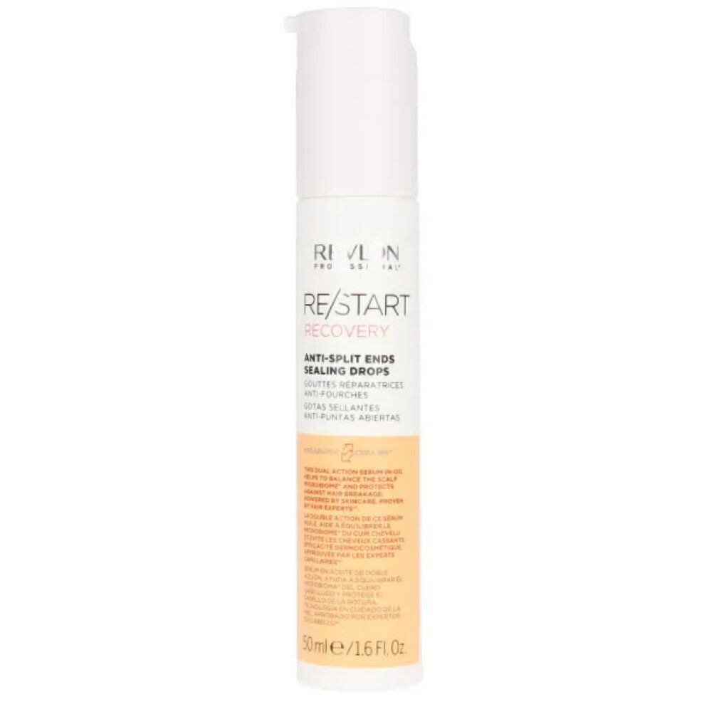 Weiß-orange Flasche mit Produkttext: RE/START RECOVERY Anti-Split Ends Sealing Drops. 50ml/1.6 fl.oz.