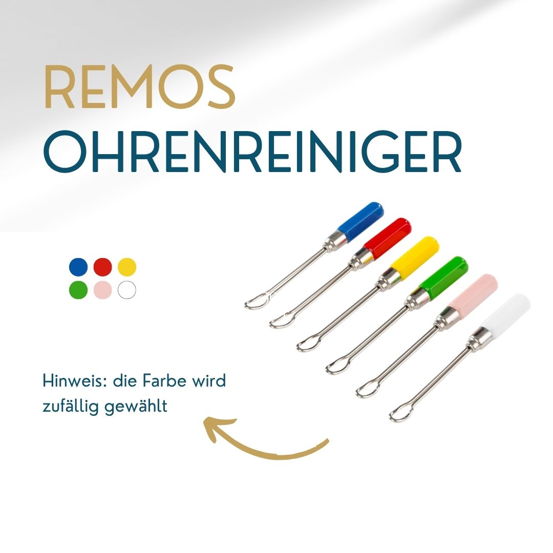 Fünf REMOS Ohrreiniger in verschiedenen Farben: blau, rot, gelb, grün, rosa.