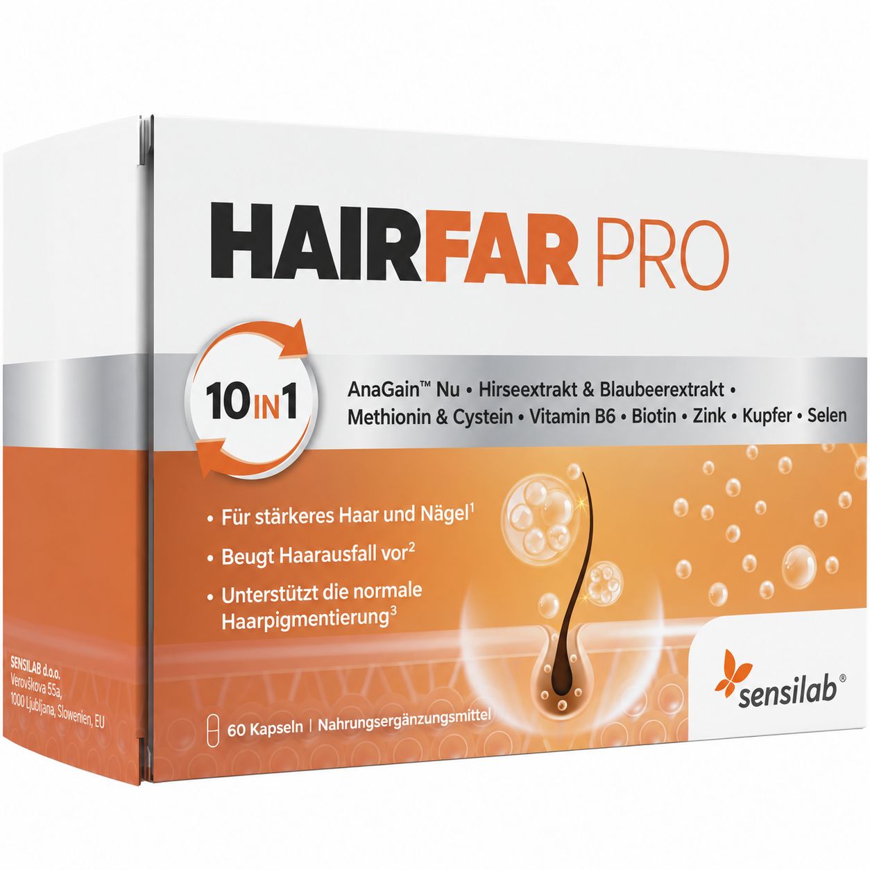 Hairfar Pro: 10in1 mit AnaGain Nu, Hirseextrakt, Blaubeerextrakt, Aminosäuren, Vitaminen, Mineralien. Für stärkeres Haar und Nägel.