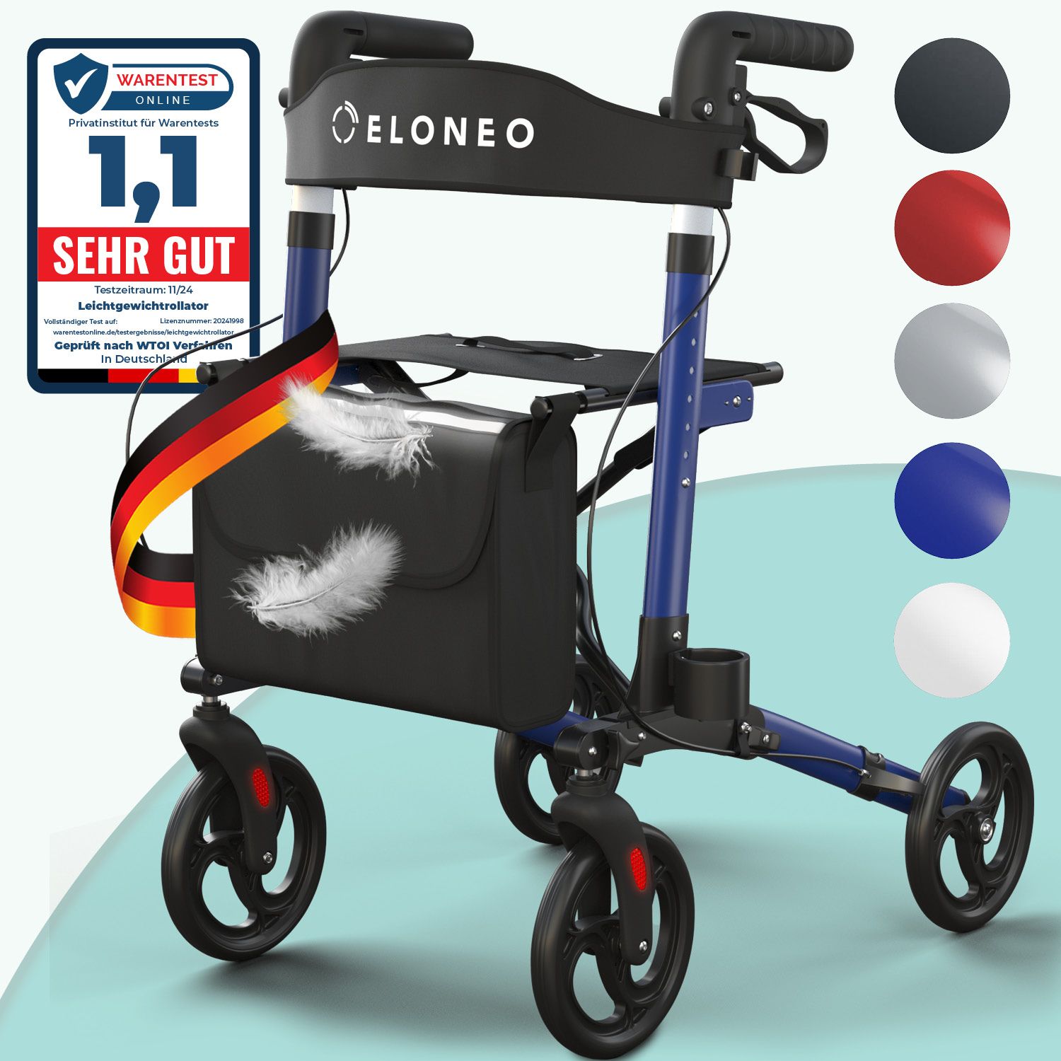Blauer Rollator mit schwarzem Sitz und Tasche. Logo ELONEO. Auszeichnung "SEHR GUT". Farboptionen.