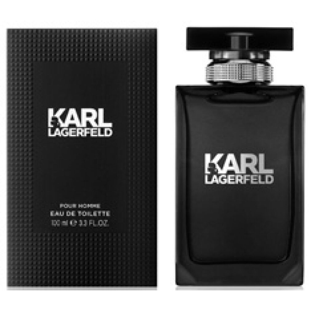 Schwarzer Flakon und Karton von Karl Lagerfeld Pour Homme Eau De Toilette. Karton mit geprägter Oberfläche.