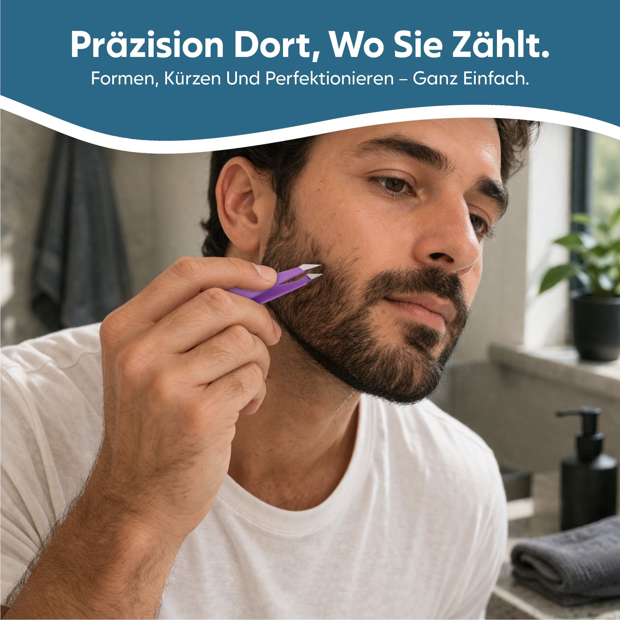 Mann formt Bart mit lila Kombizange mit schräger und spitzer Präzisionsspitze.
