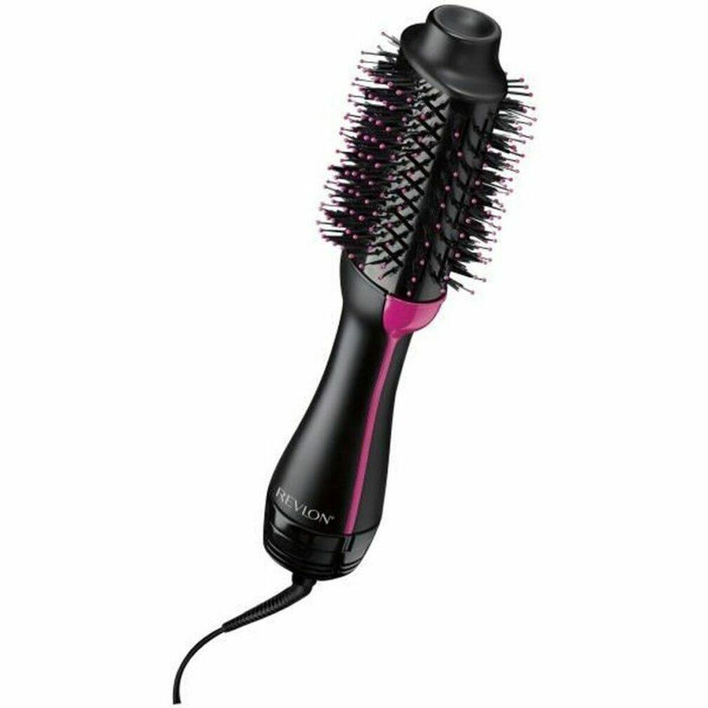 Schwarze und pinke Warmluftbürste. Zylindrischer Bürstenkopf mit Borsten. Griff mit REVLON-Logo. Netzkabel.
