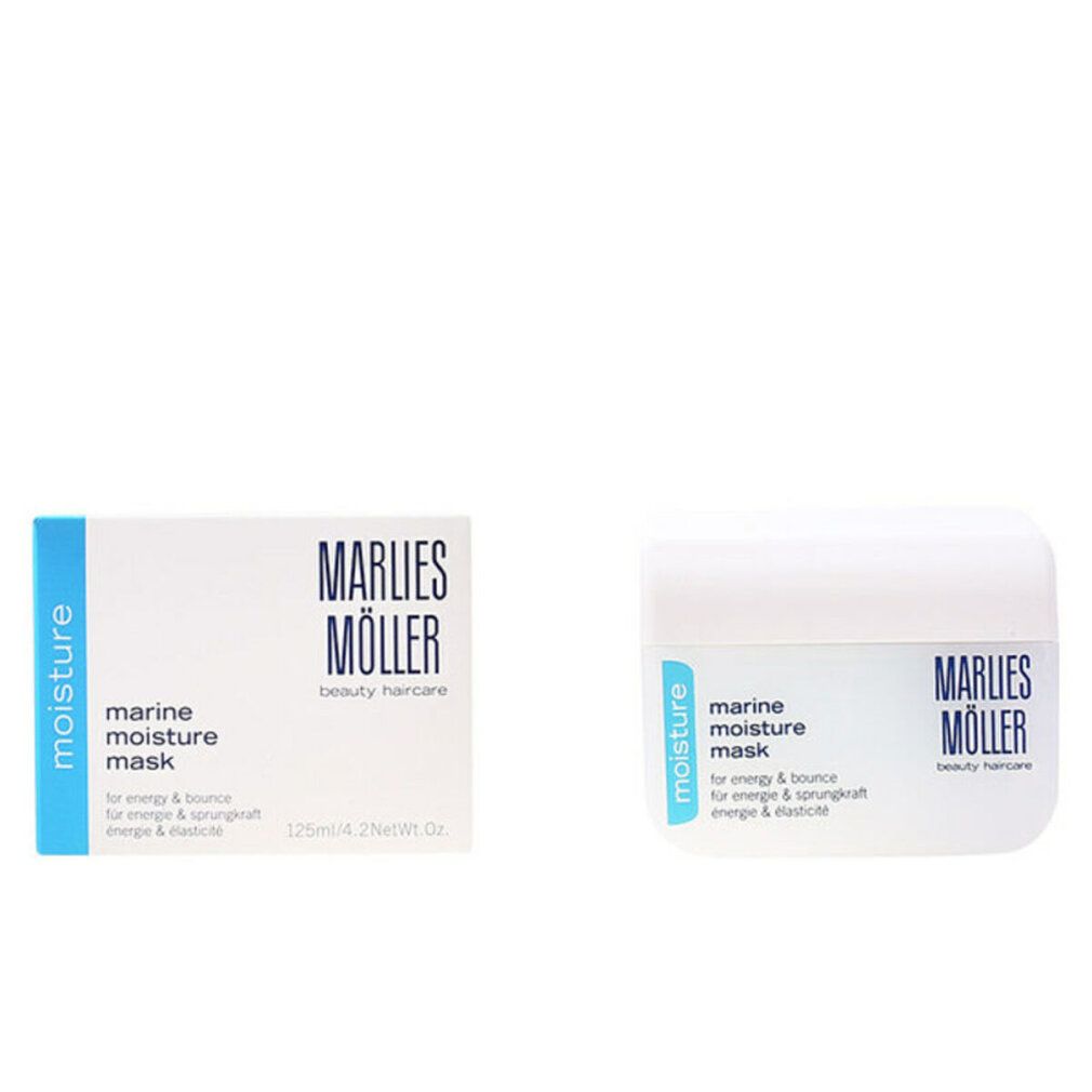 Zwei Packungen: Dose und Schachtel. Aufschrift: Marine Moisture Mask, Marlies Möller, beauty haircare. Für Energie & Sprungkraft.