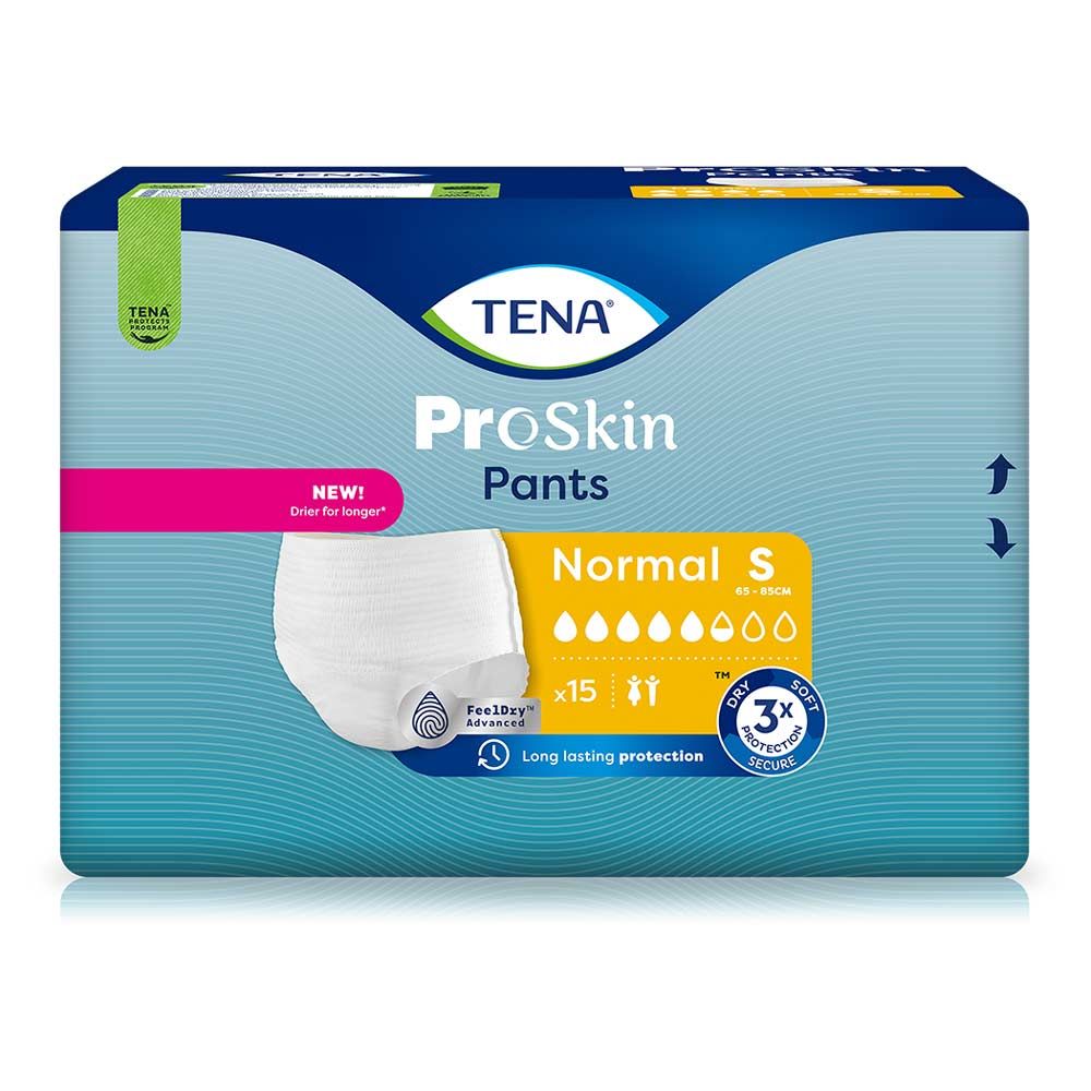Verpackung TENA ProSkin Pants Normal S. Blaue Verpackung mit Produktabbildung. Text: Normal S, x15, Dry Fast Core, 3x Secure.