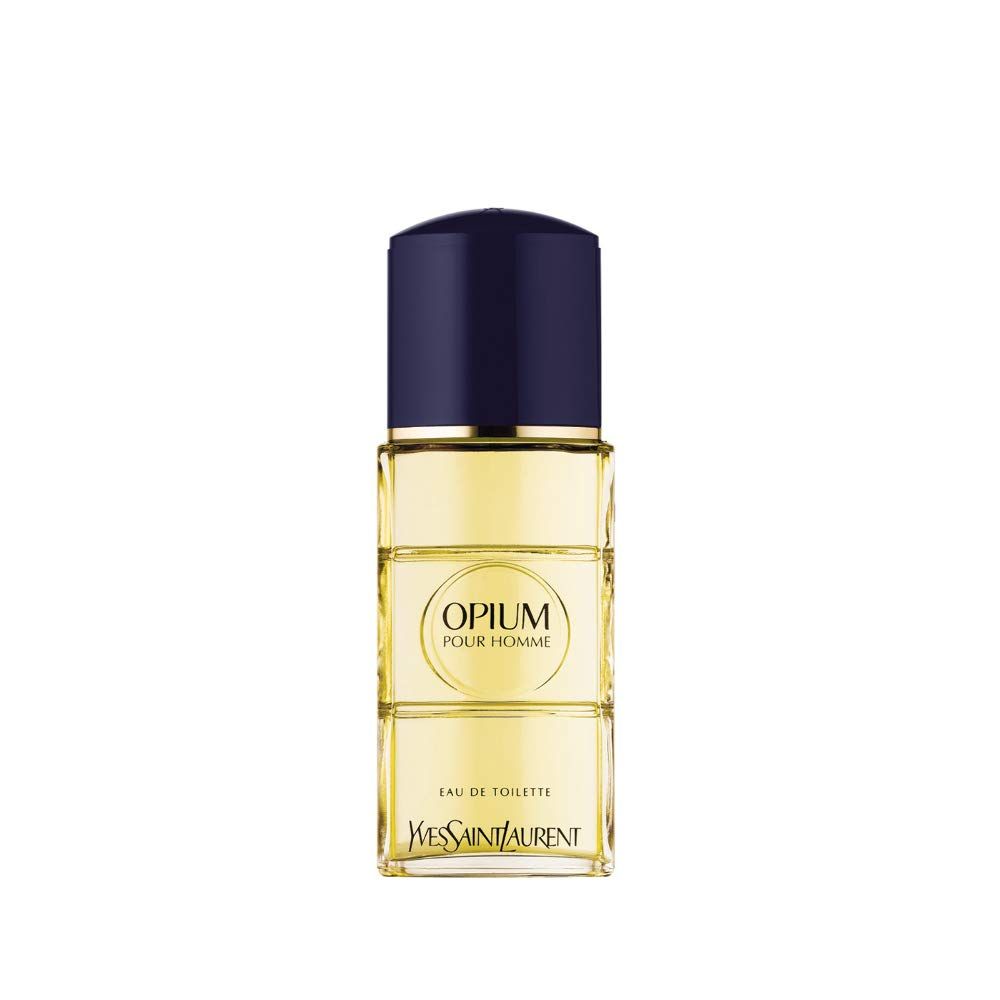 Yves Saint Laurent Opium Pour Homme Eau de Toilette. Flakon mit blauem Deckel, goldfarbenem Ring und gelblicher Flüssigkeit.