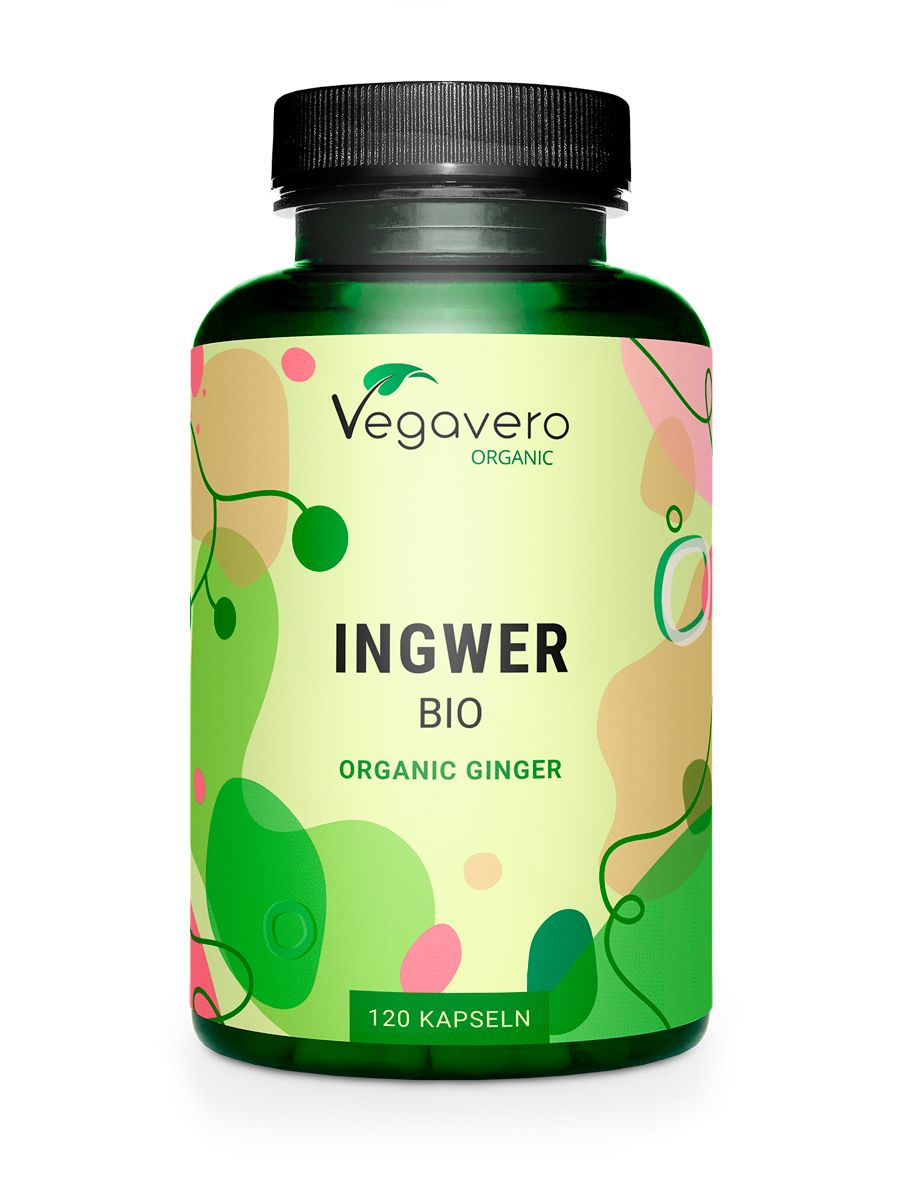 Grüne Glasflasche mit schwarzem Deckel. Aufschrift: Ingwer BIO, 120 Kapseln. Vegavaro Organic Logo.