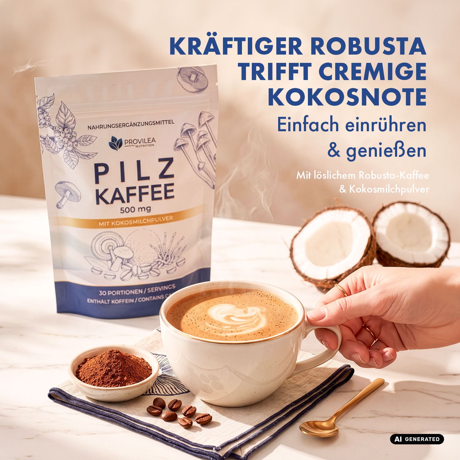 Eine Hand hält eine Tasse Pilzkaffee mit Latte Art, daneben ein Beutel, Kaffeepulver und Kokosnuss.